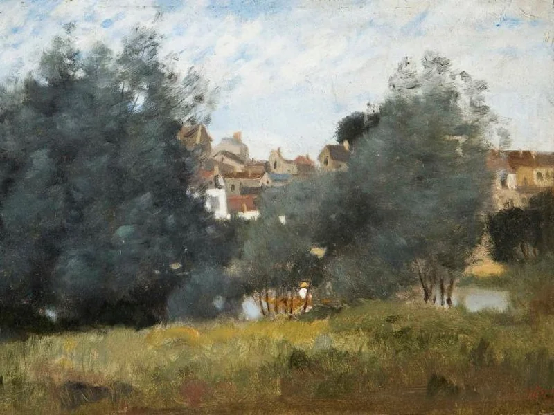 1838-Léon Dierx - Paesaggio estivo con vista su un panorama urbano